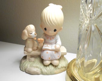 Precious Moments "Loving is Sharing" Bisque Porcelain Figurine, Girl and Dog, 1979