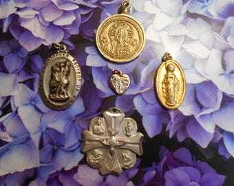 Lot of 5 Religious Pendants, St Christopher, Sterling Silver Dove/Cross, Miracle Charm