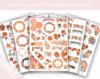 Orange Floral Bundle Decorative Planner, Journaling, Scrapbook Stickers