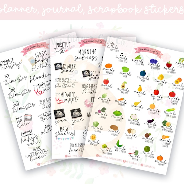 Fruit & Veg Pregnancy Weeks Tracker Bundle, Pregnancy Milestones, Baby Checklist Planner, Journaling, Scrapbook Stickers