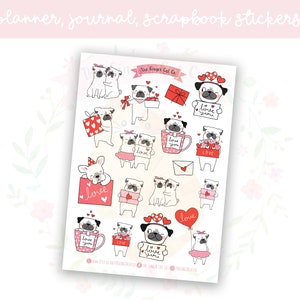 Valentines Pugs Planner Sticker Sheet | decorative stickers | journal stickers | scrapbooking
