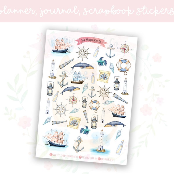 Watercolour Nautical Planner Sticker Sheet | decorative stickers | journal stickers | scrapbooking