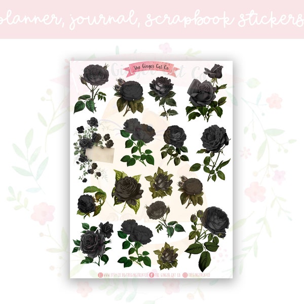 Vintage Black Rose Flowers Planner Sticker Sheet | decorative stickers | journal stickers | scrapbooking