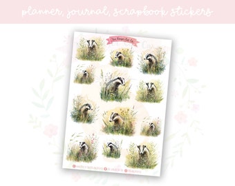 Watercolour Badger In Meadow Set 1 Decorative Journal, Scrapbook, Planner Stickers