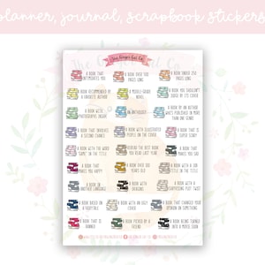 May include: A set of 20 colourful digital planner stickers featuring book stacks with different descriptions, such as "A book that intimidates you" and "A book with a surprising plot twist". The stickers are perfect for adding a touch of personality to your planner, journal, or scrapbook.