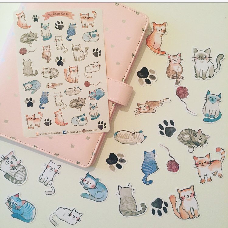 Watercolour Cat Planner Sticker Sheet | Decorative Stickers | Journal ...