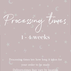 May include: A light pink background with white stars, moons, and lightning bolts. The text "Processing times 1-4 weeks" is written in white. The text "Processing times are how long it takes for your order to be made. Delivery times may vary by location." is also written in white.