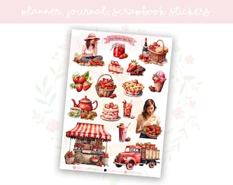 Strawberries Planner Sticker Sheet | decorative stickers | journal stickers | scrapbooking