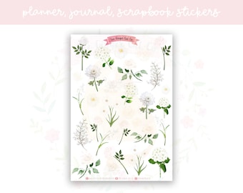 White Flowers Decorative Planner, Journaling, Scrapbook Stickers