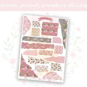 Pink Florals Torn Paper Decorative Journal, Scrapbook, Planner Stickers