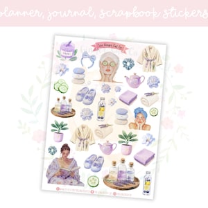 May include: A set of 25 spa-themed stickers featuring illustrations of a woman with a face mask, bathrobes, cucumbers, lavender, and other spa-related items. The stickers are perfect for planners, journals, and scrapbooks.