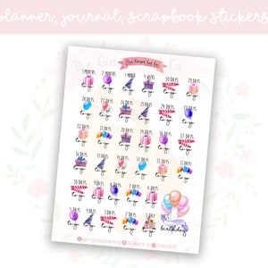 Watercolour Birthday Countdown Planner, Journaling, Scrapbook Stickers