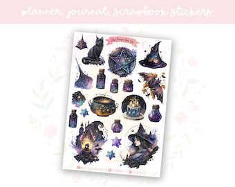 Watercolour Celestial Witch Planner Sticker Sheet | decorative stickers | journal stickers | scrapbooking