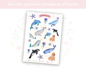 Watercolour Whale Planner Sticker Sheet | decorative stickers | journal stickers | scrapbooking