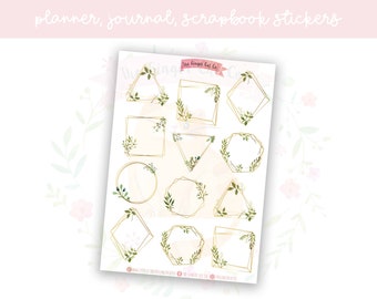 Green Leaves & Gold Frames Planner Sticker Sheet | decorative stickers | journal stickers | scrapbooking