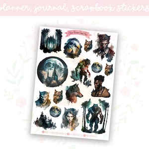 Könnte beinhalten: Ein Bogen Aquarell-Sticker mit einem dunklen und stimmungsvollen Thema. Die Sticker zeigen Bilder von Wölfen, Werwölfen, einem Schloss, einem Wald und einem Vollmond. Die Sticker sind perfekt, um Planern, Tagebüchern und Sammelalben einen Hauch von Fantasie zu verleihen.