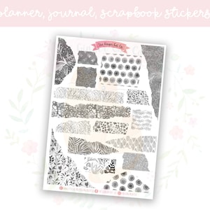 Silver Floral Torn Paper Decorative Journal, Scrapbook, Planner Stickers