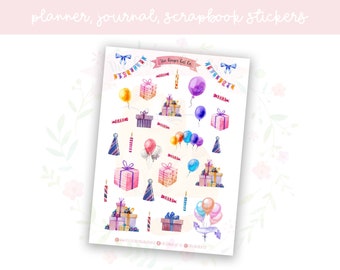 Watercolour Birthday Planner Sticker Sheet | decorative stickers | journal stickers | scrapbooking