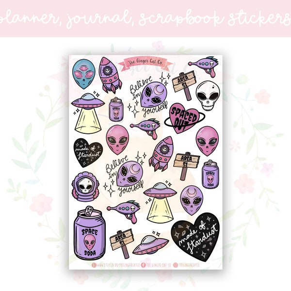 Pastel Alien Planner Sticker Sheet | decorative stickers | journal stickers | scrapbooking
