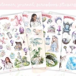 May include: Sheets of fantasy-themed stickers with dragons, castles, and mystical elements. The stickers include illustrations of dragons, gemstones, and characters. The text "planner, journal, scrapbook stickers" is at the top.