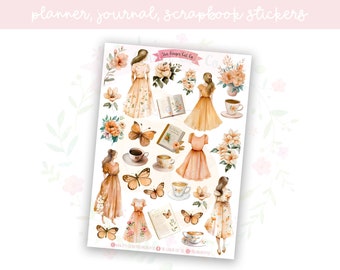 Watercolour Peach Girl Planner Sticker Sheet | decorative stickers | journal stickers | scrapbooking