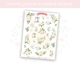 White Florals Planner Sticker Sheet | decorative stickers | journal stickers | scrapbooking