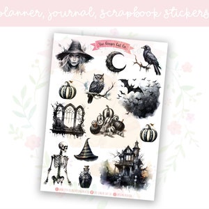 Mono Halloween Planner Stickers: Black & White Spooky Journaling Set 2