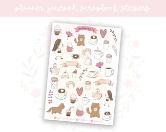 Ensemble de 2 feuilles d'autocollants pour agenda avec chats et café | stickers décoratifs | autocollants pour journaux | scrapbooking