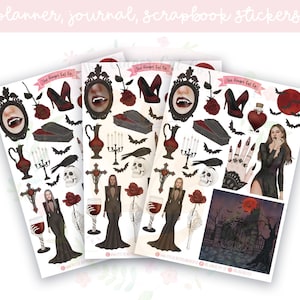 May include: A set of 3 sheets of Halloween themed stickers featuring a vampire, a coffin, bats, a skull, a cross, a goblet of wine, a rose, a hand, a bottle, candles, and a moon. The stickers are printed with the text "The Goopy Girl Co."