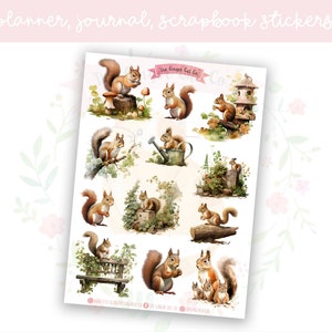 Könnte beinhalten: Ein Blatt mit 12 Aquarell-Stickern mit niedlichen roten Eichhörnchen in verschiedenen Posen. Die Sticker sind perfekt, um Planern, Tagebüchern und Sammelalben einen Hauch von Verspieltheit zu verleihen. Die Sticker zeigen den Text "The Ginger Cat Co."