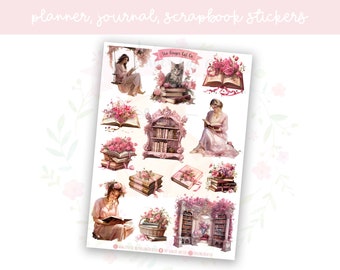 Pink Floral Books Set 1 Decorative Journal, Scrapbook, Planner Stickers
