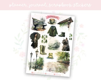 Green Rainy Day Planner Sticker Sheet | decorative stickers | journal stickers | scrapbooking
