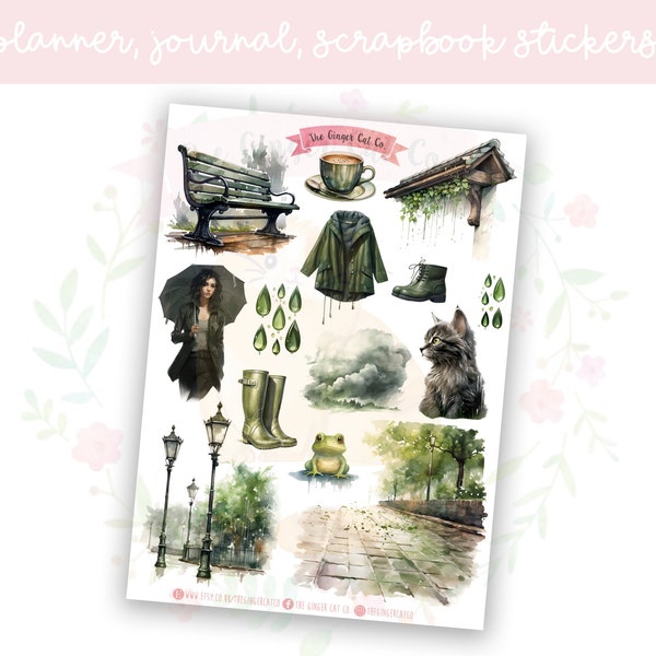 Green Rainy Day Planner Sticker Sheet | decorative stickers | journal stickers | scrapbooking