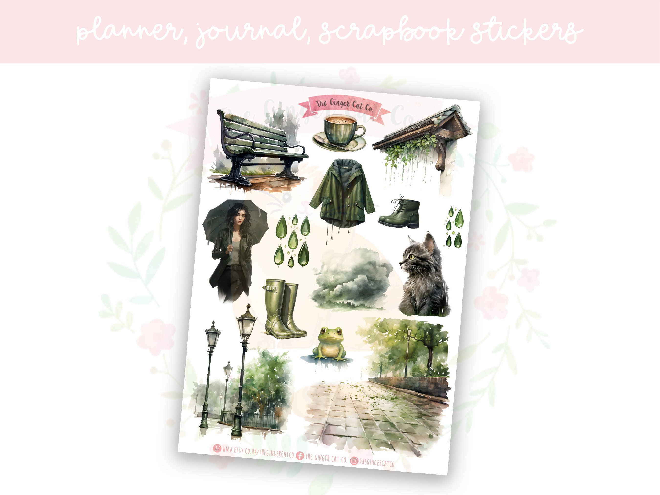 Green Rainy Day Planner Sticker Sheet | Decorative Stickers | Journal ...