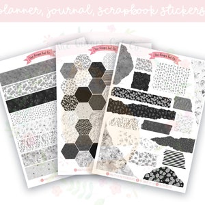 Mono Fleur Torn Paper, Washi Strips, Hexagons Decorative Bundle, Journal, Scrapbook, Planner Stickers