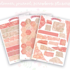 Peachy Torn Paper, Washi Strips, Hexagons Decorative Bundle Journal, Scrapbook, Planner Stickers