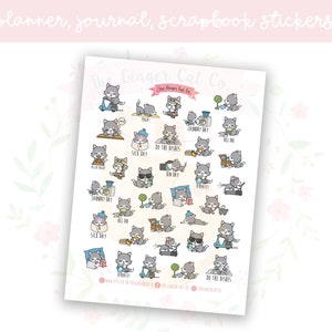May include: A sheet of grey cat-themed planner stickers with various activities, including "sick day", "laundry day", "do the dishes", and "air dry". The stickers are designed with cute cartoon cats in different poses.