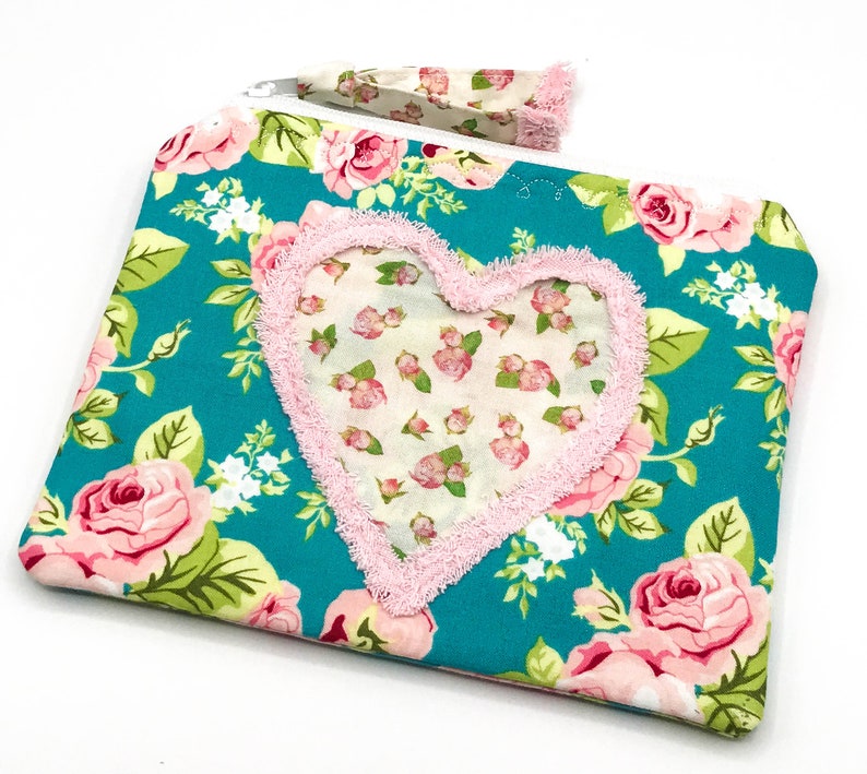 MY HEART POUCH for Everything You Love Floral Zipper Bag Rose Zipper Pouch Chenille Heart Pouch Shabby Chic Zipper Pouch