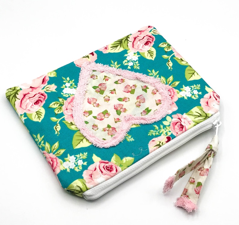 MY HEART POUCH for Everything You Love Floral Zipper Bag Rose Zipper Pouch Chenille Heart Pouch Shabby Chic Zipper Pouch