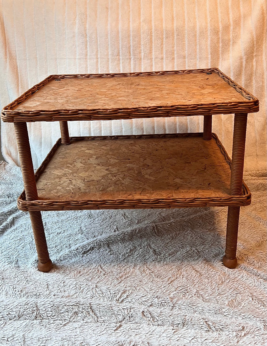 Vintage Solid Cork and Rattan Table With Shelf /boho Rattan Furniture