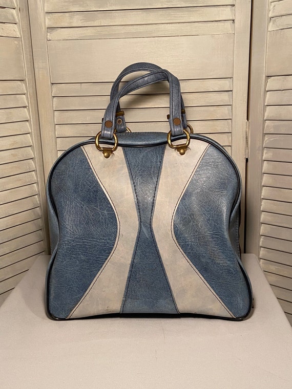 Vintage Retro Blue Faux Leather Zip up Bowling Bag With Handles
