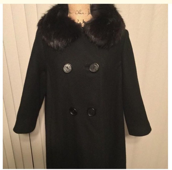 vintage black wool blend swing coat with fur coll… - image 1