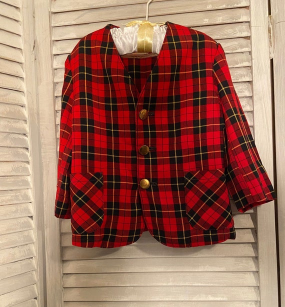 vintage little boys red plaid suit jacket with br… - image 1