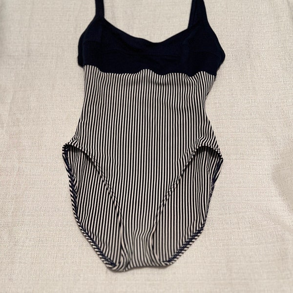 Vintage 80s one piece Anne Cole Collection navy and white striped tank style bathing suit / sz 12