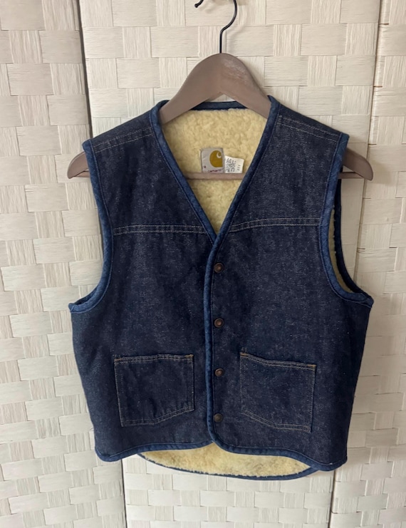 Carhartt, Vintage 80s Carhartt Faux Shearling Denim Jean Vest Jacket