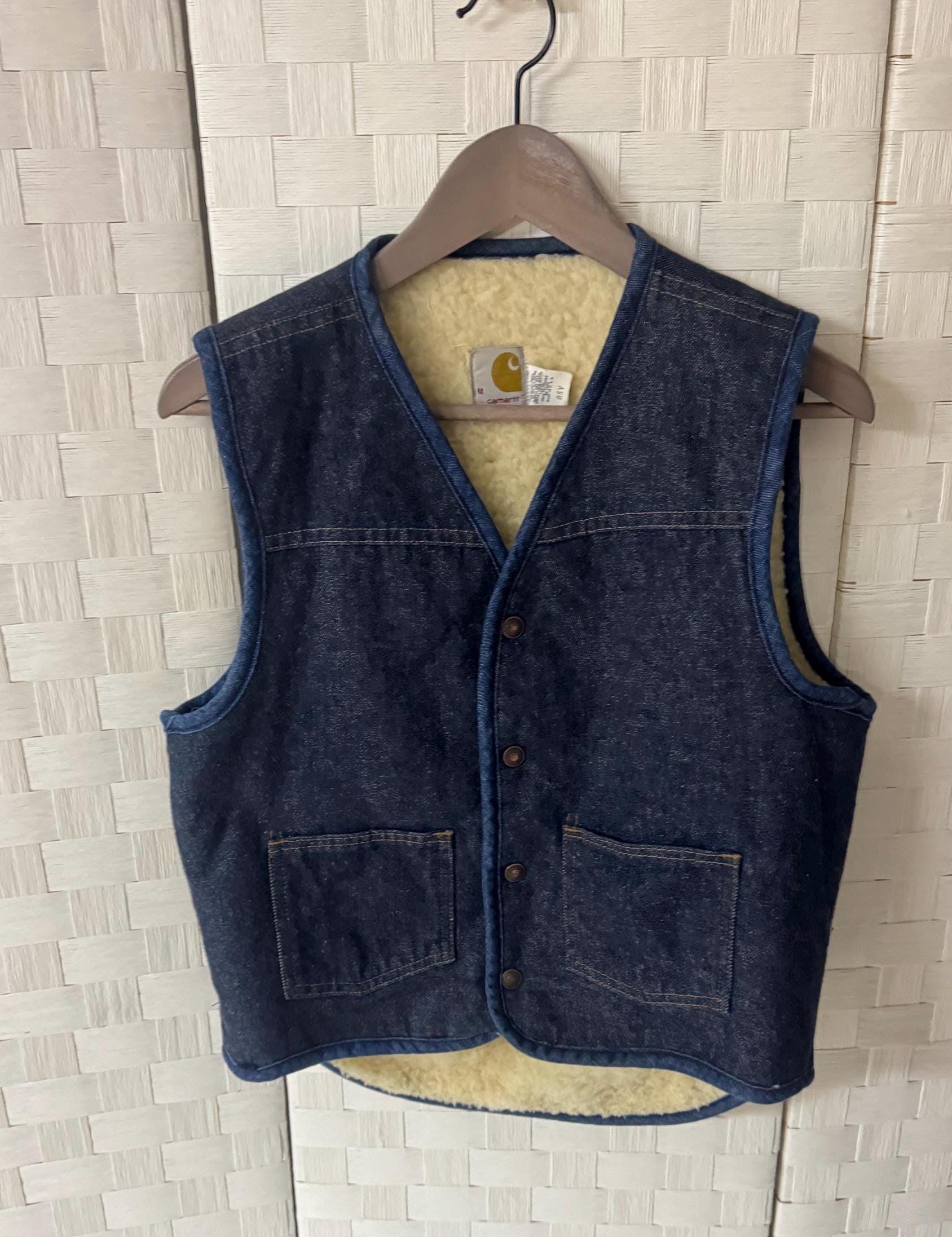 Carhartt, Vintage 80s Carhartt Faux Shearling Denim Jean Vest Jacket