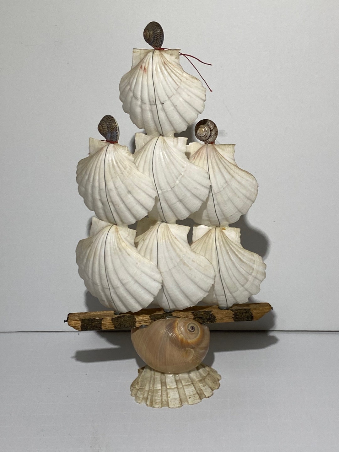 Vintage Seashells String Ship on Wood / Made in Japan / Collectible