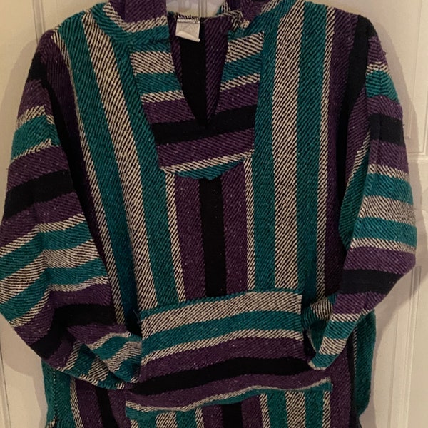 vintage unisex authentic purple and teal Mexican hooded pullover Size Large / drug rug