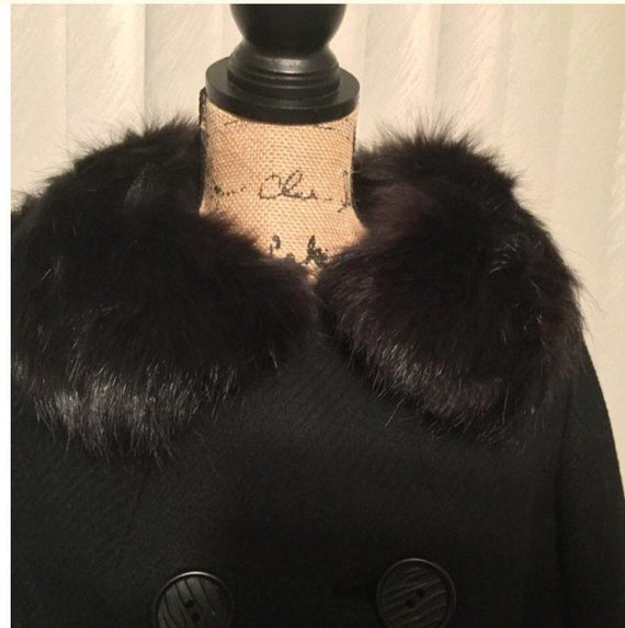 vintage black wool blend swing coat with fur coll… - image 3
