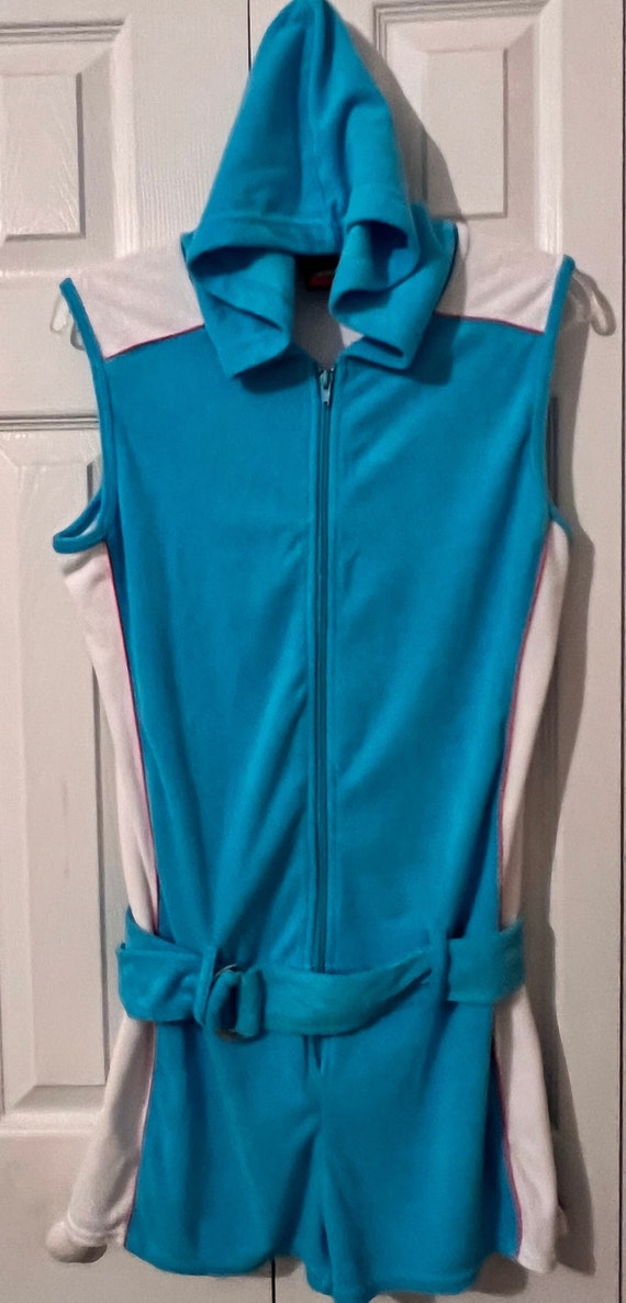 Womens retro terrycloth aqua belted shorts jumpsui